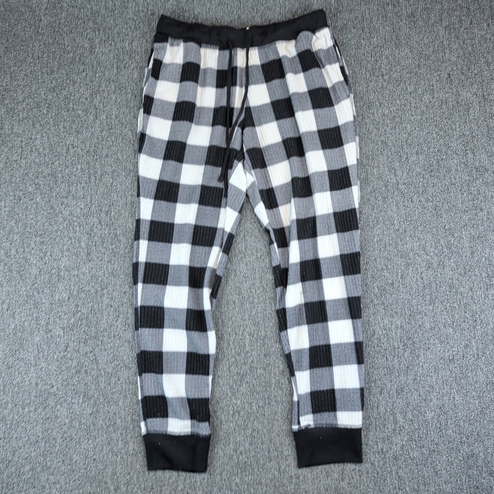 Joyspun Buffalo Plaid Waffle Knit Joggers Women L 12-14 Black White Pajama Pants